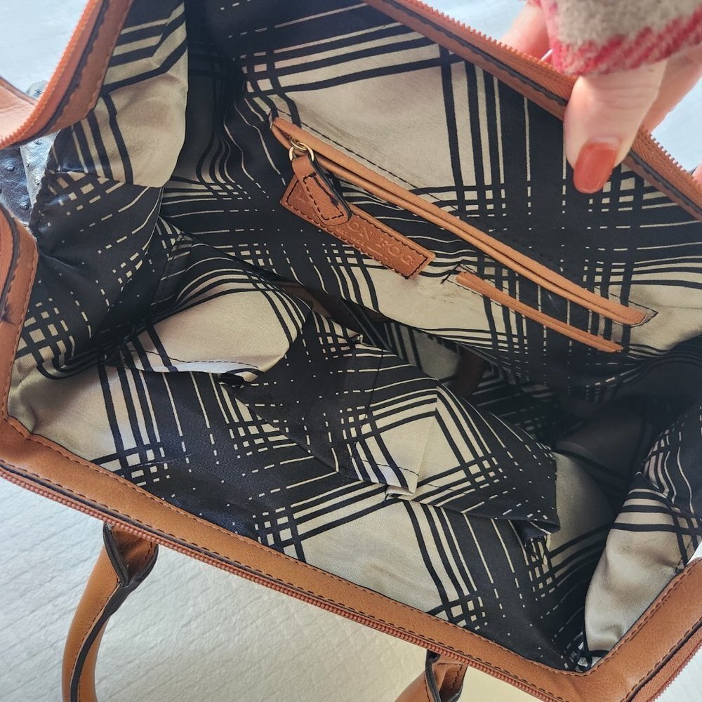 London Fog Satchel Handbag in Black Ostrich and Tan LIKE NEW - Picture 6 of 10
